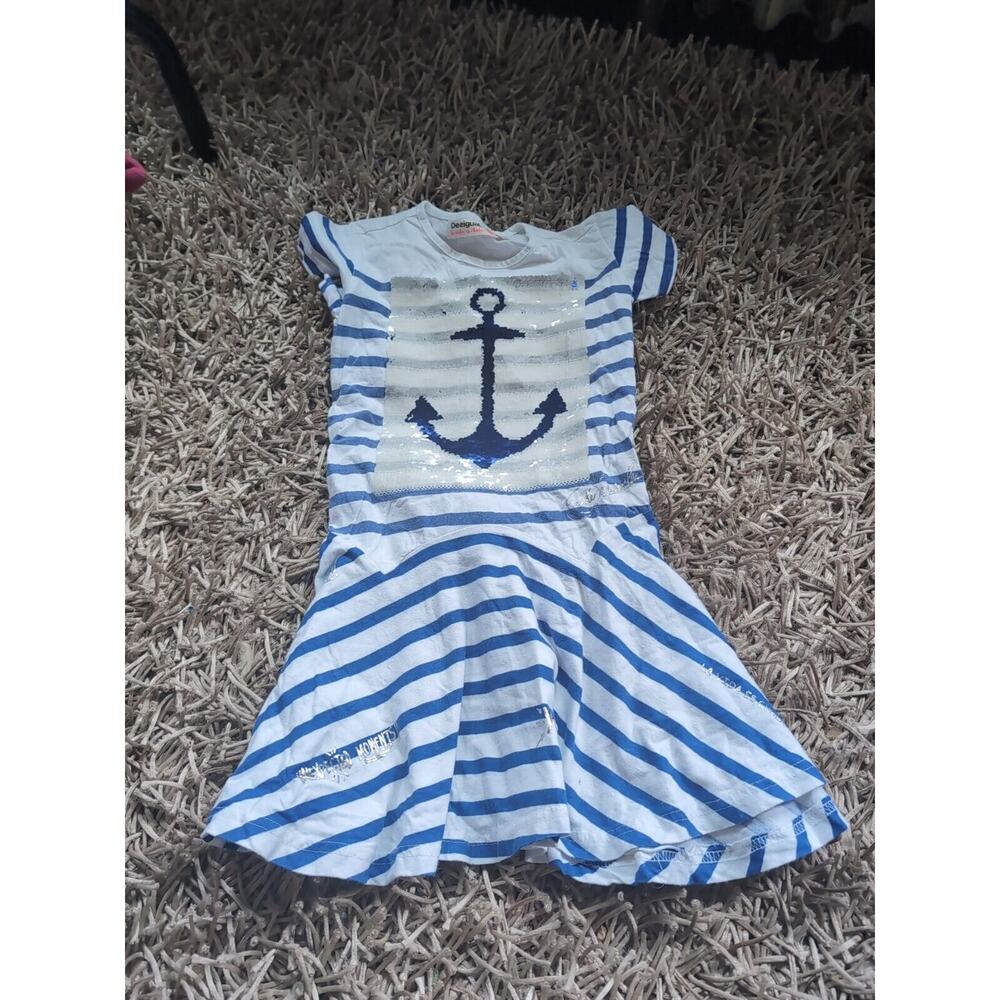 DESIGUAL Girls' Sailor Stripe Summer Dress Sequin Anchor Size 5-6 - Picture 5 of 15